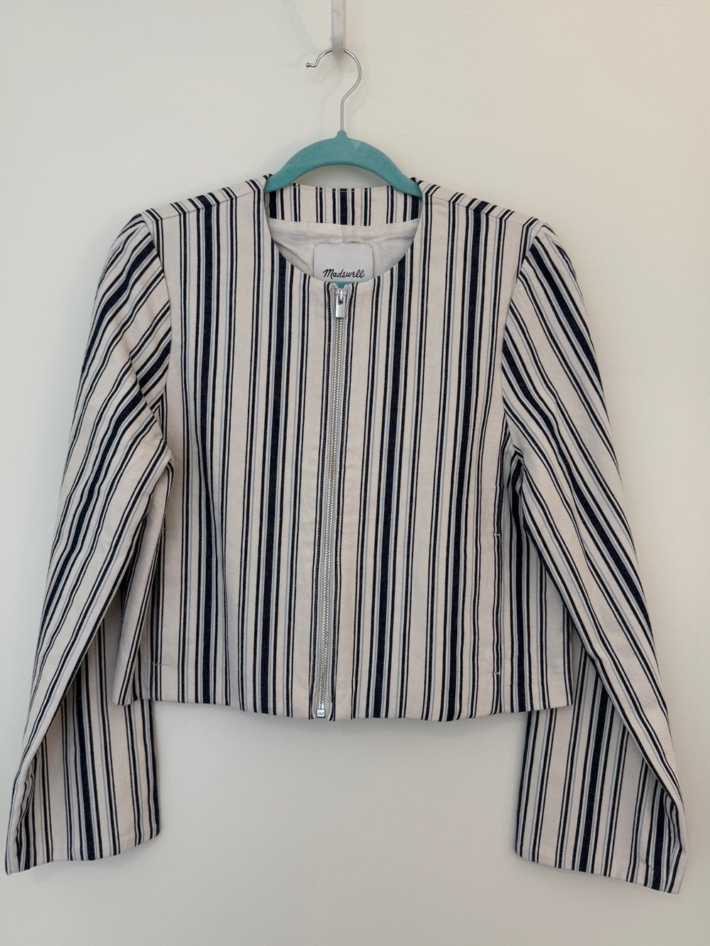Madewell Navy & White Vertical-Stripe Zip Crop Jacket